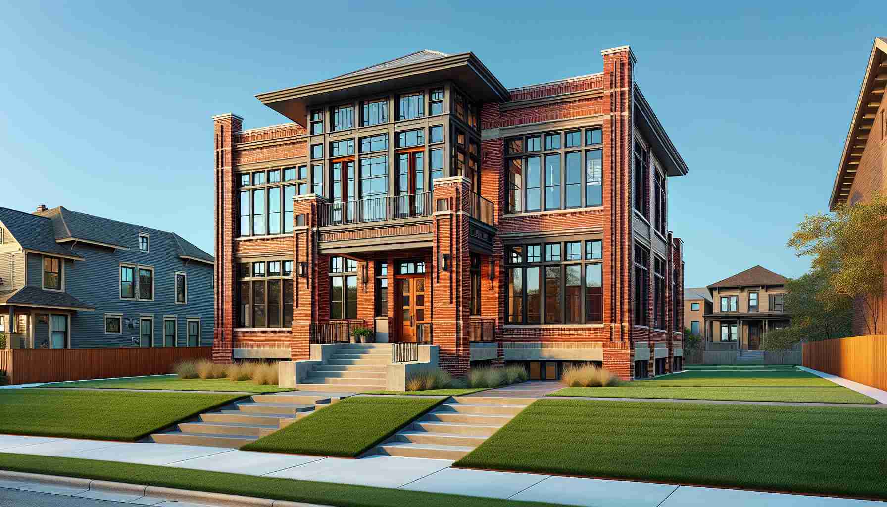 Generate a high-definition image of an urban house that blends traditional architecture with modern design elements. This house is located in Kansas City, featuring structured red-brick walls typical of old buildings and large glass windows symbolizing a contemporary touch. It has a front lawn with trimmed grass and a pathway leading to a dark wooden main door. The overall architectural style reflects a harmonious fusion of both past and present.