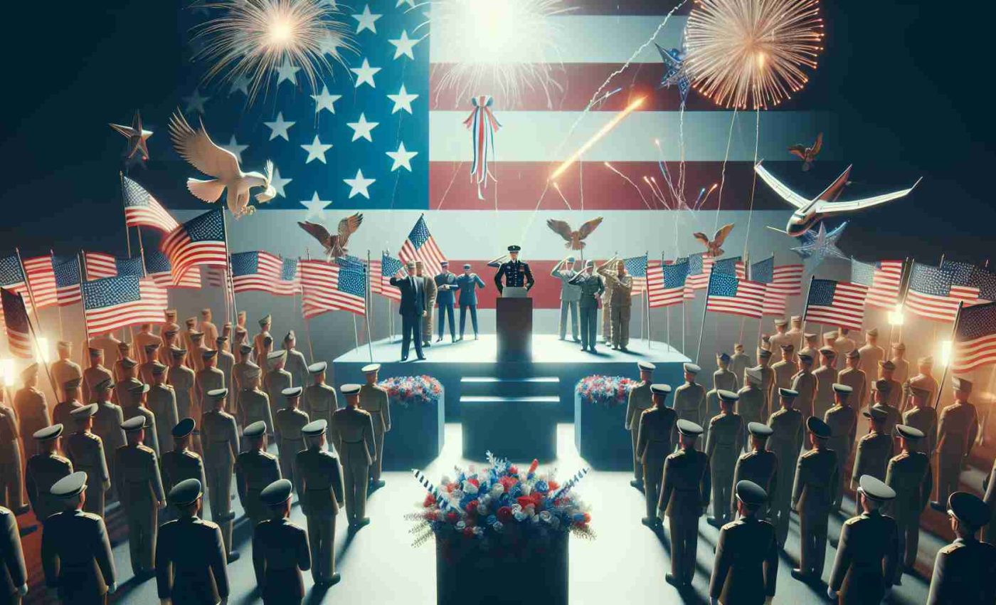 Generate a realistic high-definition image that symbolizes a celebration of heroes, specifically veterans. Showcase elements representative of exciting events typically held on a Veterans Day weekend such as parades, fireworks, and public speeches. Ensure to convey an atmosphere of appreciation, honour and camaraderie prevalent during such occasions.