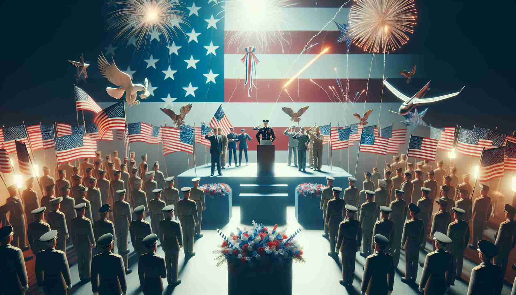 Generate a realistic high-definition image that symbolizes a celebration of heroes, specifically veterans. Showcase elements representative of exciting events typically held on a Veterans Day weekend such as parades, fireworks, and public speeches. Ensure to convey an atmosphere of appreciation, honour and camaraderie prevalent during such occasions.