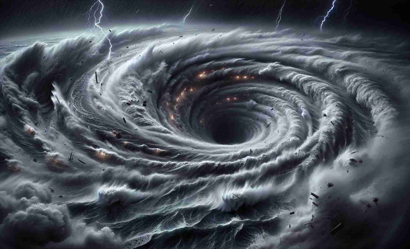 A highly detailed, ultra high-definition image of a hurricane as seen from the inside, giving a full perspective of the tumultuous chaos: Dark, rolling clouds forming a swirling vortex, sheets of rain dropping relentlessly, lightning sporadically streaking across the sky, foregrounding churning, choppy ocean waves rising turbulently and breaking against each other due to the storm's fierce wind. Debris is flying around, demonstrating the hurricane's perilous force. The storm appears intimidating yet simultaneously mesmerizing in its raw power and intensity.