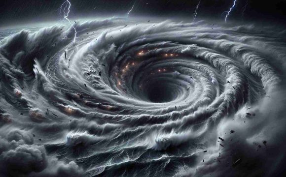 A highly detailed, ultra high-definition image of a hurricane as seen from the inside, giving a full perspective of the tumultuous chaos: Dark, rolling clouds forming a swirling vortex, sheets of rain dropping relentlessly, lightning sporadically streaking across the sky, foregrounding churning, choppy ocean waves rising turbulently and breaking against each other due to the storm's fierce wind. Debris is flying around, demonstrating the hurricane's perilous force. The storm appears intimidating yet simultaneously mesmerizing in its raw power and intensity.