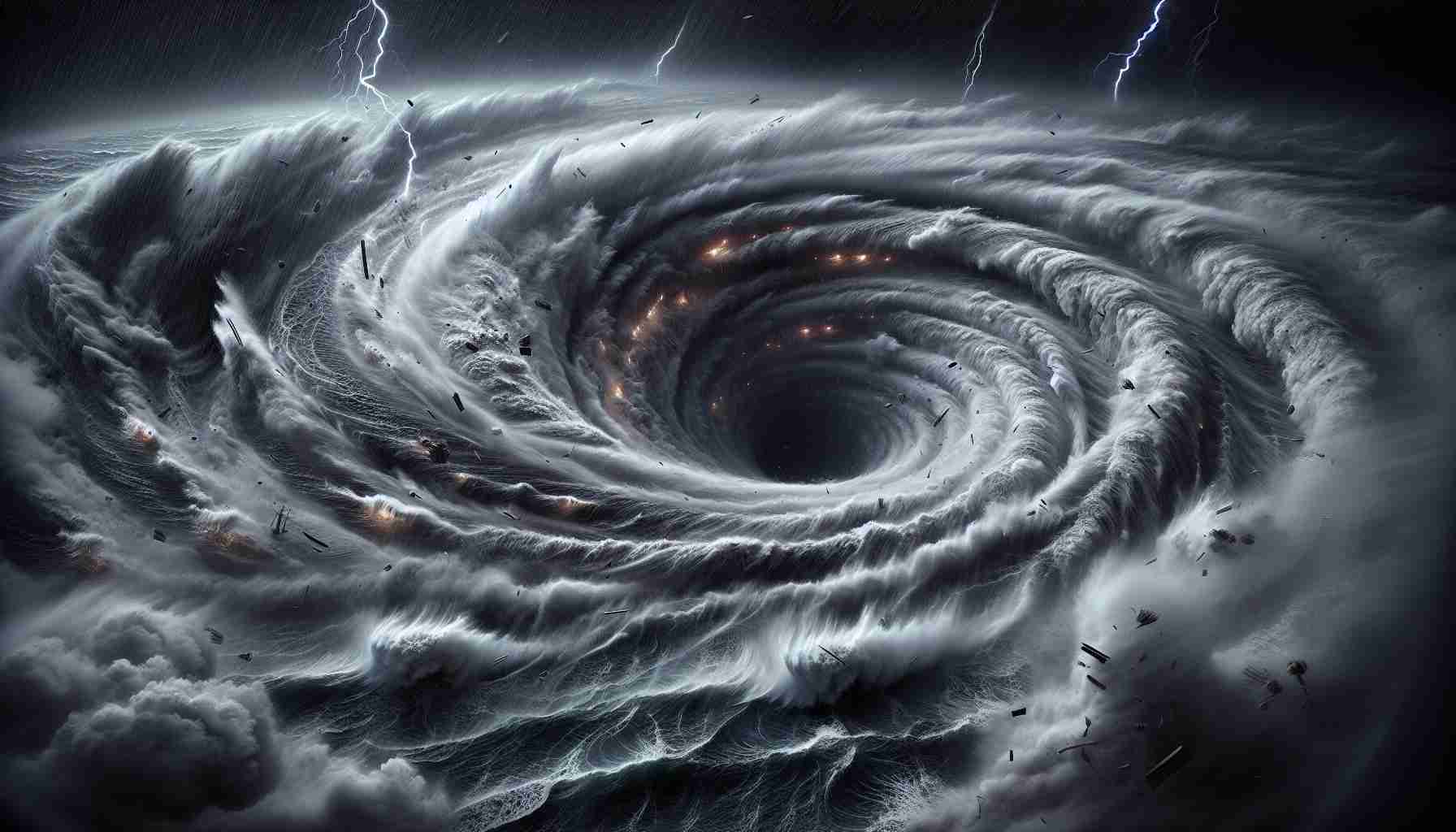 A highly detailed, ultra high-definition image of a hurricane as seen from the inside, giving a full perspective of the tumultuous chaos: Dark, rolling clouds forming a swirling vortex, sheets of rain dropping relentlessly, lightning sporadically streaking across the sky, foregrounding churning, choppy ocean waves rising turbulently and breaking against each other due to the storm's fierce wind. Debris is flying around, demonstrating the hurricane's perilous force. The storm appears intimidating yet simultaneously mesmerizing in its raw power and intensity.