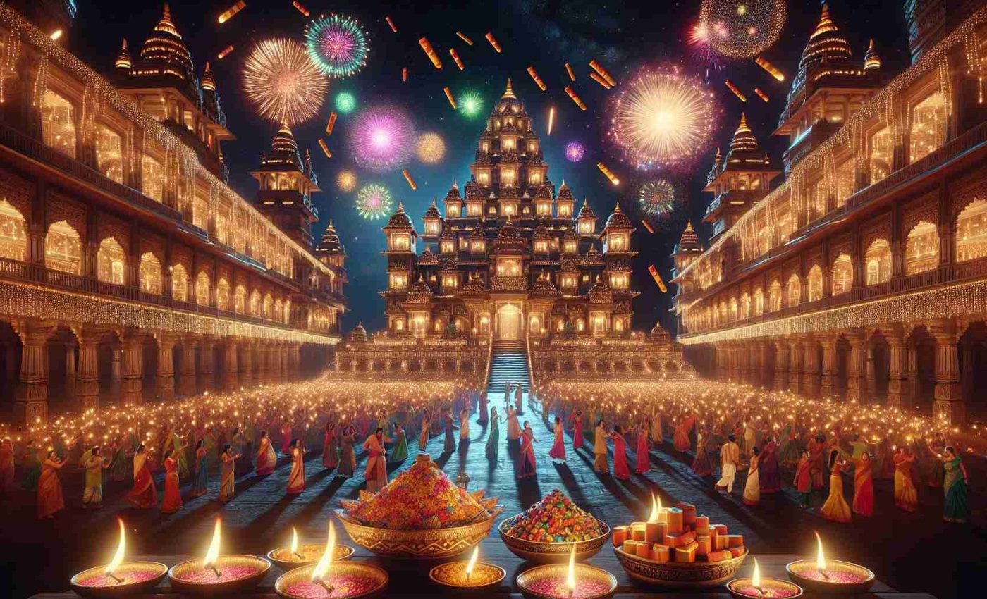 A hyper-realistic high definition image capturing the beauty and grandeur of the Festival of Lights, often known as Diwali. The picture should showcase predominantly Indian architecture, adorned with thousands of flickering oil lamps, glows in the darkness. Multicolored firecrackers light up the sky, intermingling with the stars. People with South Asian descent of varied genders, donning traditional Indian attires, are immersed in the revelry, their faces illuminated by the radiance of the lamps. In the forefront, a beautifully arranged spread of Indian sweetmeats adds to the festive flair.