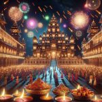 A hyper-realistic high definition image capturing the beauty and grandeur of the Festival of Lights, often known as Diwali. The picture should showcase predominantly Indian architecture, adorned with thousands of flickering oil lamps, glows in the darkness. Multicolored firecrackers light up the sky, intermingling with the stars. People with South Asian descent of varied genders, donning traditional Indian attires, are immersed in the revelry, their faces illuminated by the radiance of the lamps. In the forefront, a beautifully arranged spread of Indian sweetmeats adds to the festive flair.