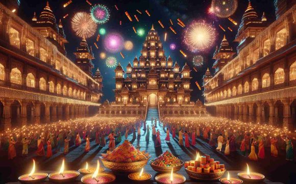 A hyper-realistic high definition image capturing the beauty and grandeur of the Festival of Lights, often known as Diwali. The picture should showcase predominantly Indian architecture, adorned with thousands of flickering oil lamps, glows in the darkness. Multicolored firecrackers light up the sky, intermingling with the stars. People with South Asian descent of varied genders, donning traditional Indian attires, are immersed in the revelry, their faces illuminated by the radiance of the lamps. In the forefront, a beautifully arranged spread of Indian sweetmeats adds to the festive flair.