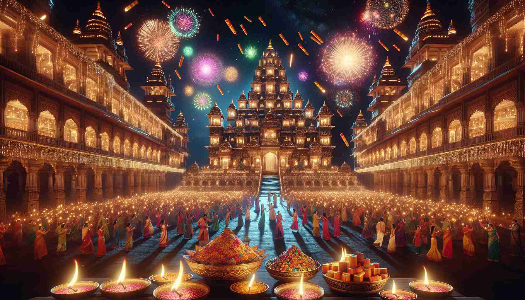 A hyper-realistic high definition image capturing the beauty and grandeur of the Festival of Lights, often known as Diwali. The picture should showcase predominantly Indian architecture, adorned with thousands of flickering oil lamps, glows in the darkness. Multicolored firecrackers light up the sky, intermingling with the stars. People with South Asian descent of varied genders, donning traditional Indian attires, are immersed in the revelry, their faces illuminated by the radiance of the lamps. In the forefront, a beautifully arranged spread of Indian sweetmeats adds to the festive flair.