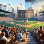 A realistic HD depiction of a drastic change in a prominent baseball team. In the first scene, showcase the team at its peak, with highly skilled players executing spectacular plays on the field, the crowd erupting in cheers. Then, transition to a phase of decline - the players seem less confident, the plays lack fire, and the audience is less enthusiastic. The setting is the vintage baseball stadium, evidencing signs of age, in Brooklyn. Use American mid-1900s attire to clothe baseball players and fans.