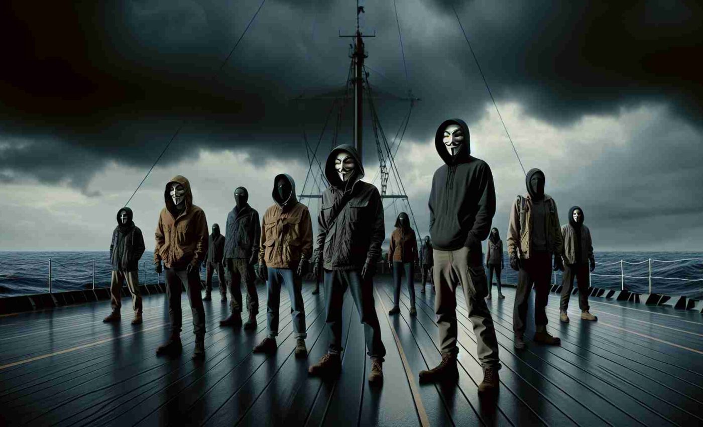 Realistic high-definition image of a group of anonymous rebels, diverse in descent and gender, on a deck of a ship. They are standing firm and unified under the ominous sky, gazing towards the vast, turbulent sea with a sense of accomplishment and defiance. With fiery eyes and determined expressions, they are announcing that they are responsible for the recent maritime attacks.