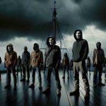 Realistic high-definition image of a group of anonymous rebels, diverse in descent and gender, on a deck of a ship. They are standing firm and unified under the ominous sky, gazing towards the vast, turbulent sea with a sense of accomplishment and defiance. With fiery eyes and determined expressions, they are announcing that they are responsible for the recent maritime attacks.