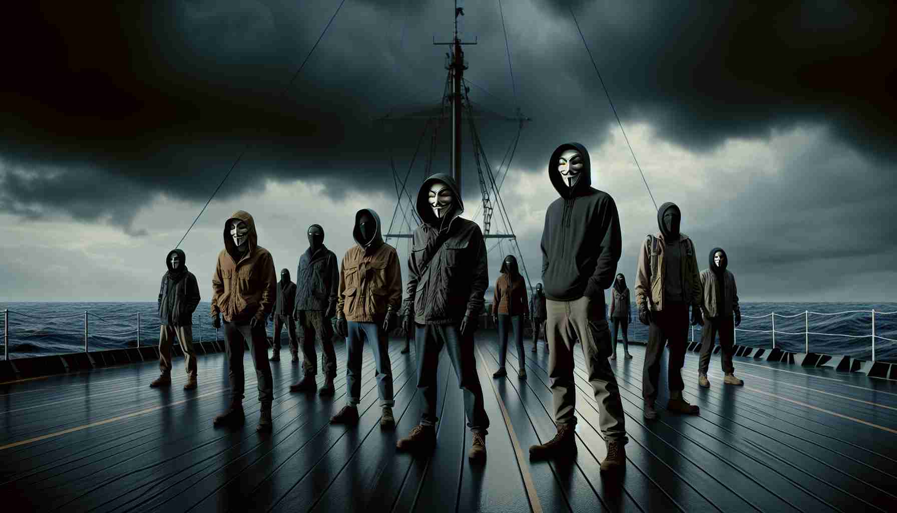 Realistic high-definition image of a group of anonymous rebels, diverse in descent and gender, on a deck of a ship. They are standing firm and unified under the ominous sky, gazing towards the vast, turbulent sea with a sense of accomplishment and defiance. With fiery eyes and determined expressions, they are announcing that they are responsible for the recent maritime attacks.