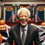 Generate a high-definition, realistic image depicting a playful Halloween scene in an iconic governmental building. It includes a senior politician with white hair, laughing and enjoying the moment, amidst an environment embellished with Halloween decorations like carved pumpkins and cobwebs.