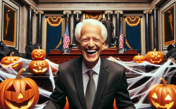 Generate a high-definition, realistic image depicting a playful Halloween scene in an iconic governmental building. It includes a senior politician with white hair, laughing and enjoying the moment, amidst an environment embellished with Halloween decorations like carved pumpkins and cobwebs.