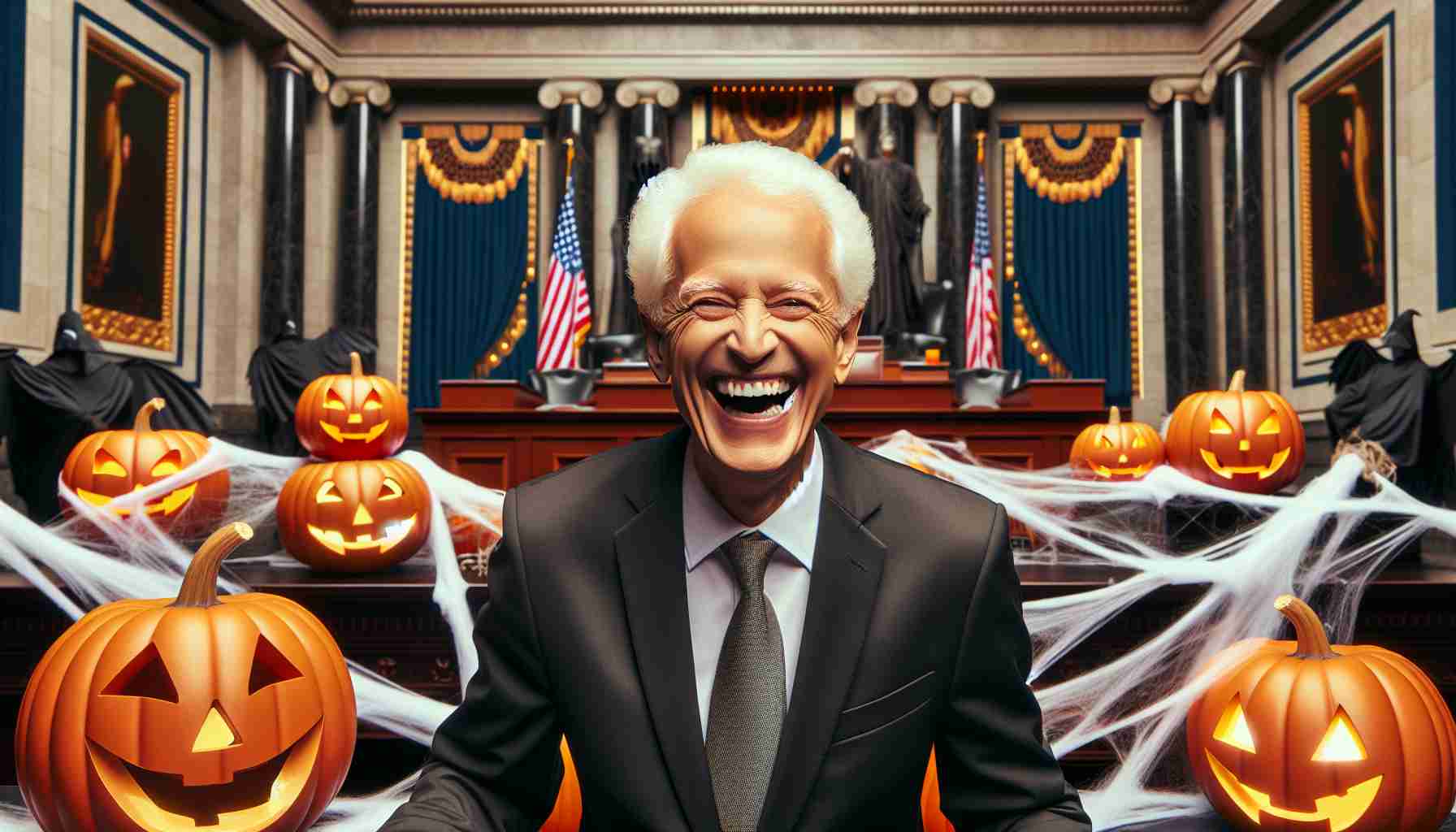 Generate a high-definition, realistic image depicting a playful Halloween scene in an iconic governmental building. It includes a senior politician with white hair, laughing and enjoying the moment, amidst an environment embellished with Halloween decorations like carved pumpkins and cobwebs.