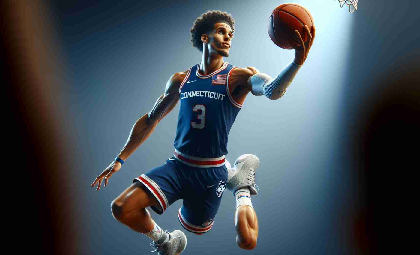 High-definition realistic photograph of a rising star in professional basketball, identified by the name Jordan Hawkins. He is in action, displaying his impressive agility, leaping into the air with the basketball in his hand. His uniform bears no real team insignia but matches the colors of the University of Connecticut, hinting at his collegiate roots.