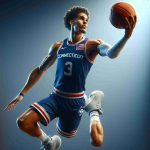 High-definition realistic photograph of a rising star in professional basketball, identified by the name Jordan Hawkins. He is in action, displaying his impressive agility, leaping into the air with the basketball in his hand. His uniform bears no real team insignia but matches the colors of the University of Connecticut, hinting at his collegiate roots.