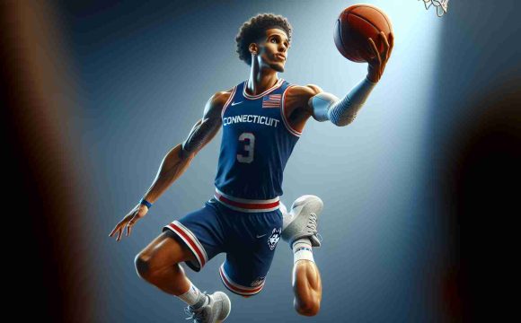 High-definition realistic photograph of a rising star in professional basketball, identified by the name Jordan Hawkins. He is in action, displaying his impressive agility, leaping into the air with the basketball in his hand. His uniform bears no real team insignia but matches the colors of the University of Connecticut, hinting at his collegiate roots.