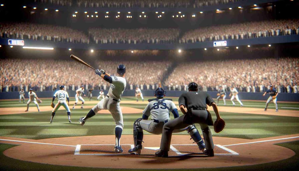 Capture a highly detailed and realistic image of a major baseball event, specifically a critical 'Game 3' in the World Series. Focus on the team in navy-blue and white uniforms, known here as the 'legends,' who are battling it out on the diamond. The atmosphere is taut, people are on the edge of their seats and the scene is bristling with anticipation. Players are scattered across the field, some poised at the bases and others ready in the outfields. The pitcher is mid-throw, his form a study of focus and strength, while the batter, of Hispanic descent, tightly grips the bat, eyes on the incoming ball. The stadium is packed with cheering fans, swathed in team colors.