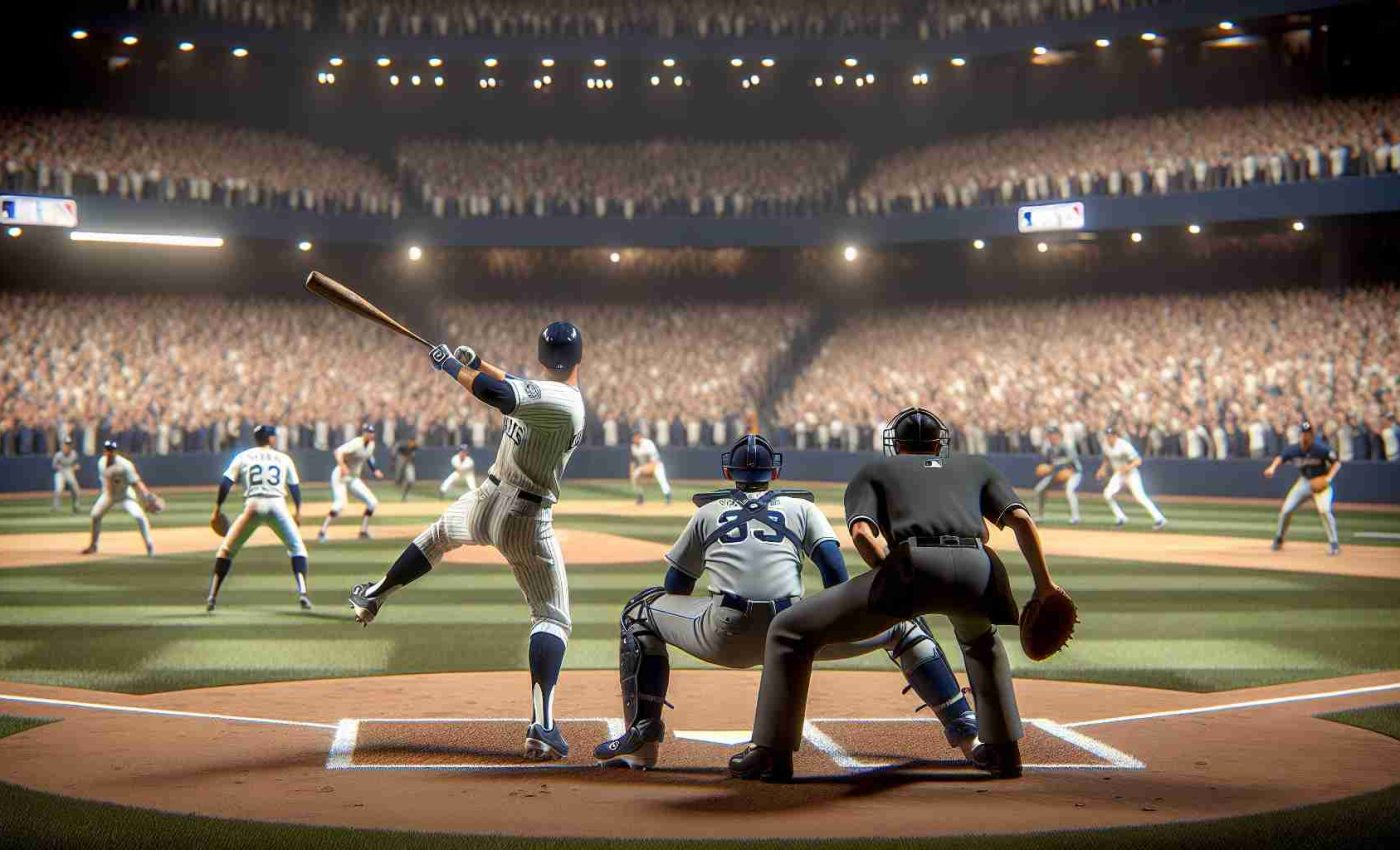 Capture a highly detailed and realistic image of a major baseball event, specifically a critical 'Game 3' in the World Series. Focus on the team in navy-blue and white uniforms, known here as the 'legends,' who are battling it out on the diamond. The atmosphere is taut, people are on the edge of their seats and the scene is bristling with anticipation. Players are scattered across the field, some poised at the bases and others ready in the outfields. The pitcher is mid-throw, his form a study of focus and strength, while the batter, of Hispanic descent, tightly grips the bat, eyes on the incoming ball. The stadium is packed with cheering fans, swathed in team colors.