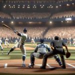 Capture a highly detailed and realistic image of a major baseball event, specifically a critical 'Game 3' in the World Series. Focus on the team in navy-blue and white uniforms, known here as the 'legends,' who are battling it out on the diamond. The atmosphere is taut, people are on the edge of their seats and the scene is bristling with anticipation. Players are scattered across the field, some poised at the bases and others ready in the outfields. The pitcher is mid-throw, his form a study of focus and strength, while the batter, of Hispanic descent, tightly grips the bat, eyes on the incoming ball. The stadium is packed with cheering fans, swathed in team colors.