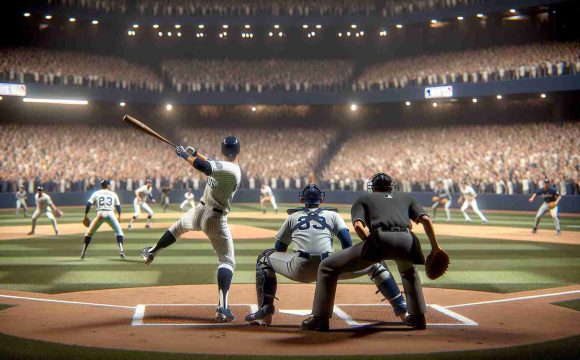 Capture a highly detailed and realistic image of a major baseball event, specifically a critical 'Game 3' in the World Series. Focus on the team in navy-blue and white uniforms, known here as the 'legends,' who are battling it out on the diamond. The atmosphere is taut, people are on the edge of their seats and the scene is bristling with anticipation. Players are scattered across the field, some poised at the bases and others ready in the outfields. The pitcher is mid-throw, his form a study of focus and strength, while the batter, of Hispanic descent, tightly grips the bat, eyes on the incoming ball. The stadium is packed with cheering fans, swathed in team colors.