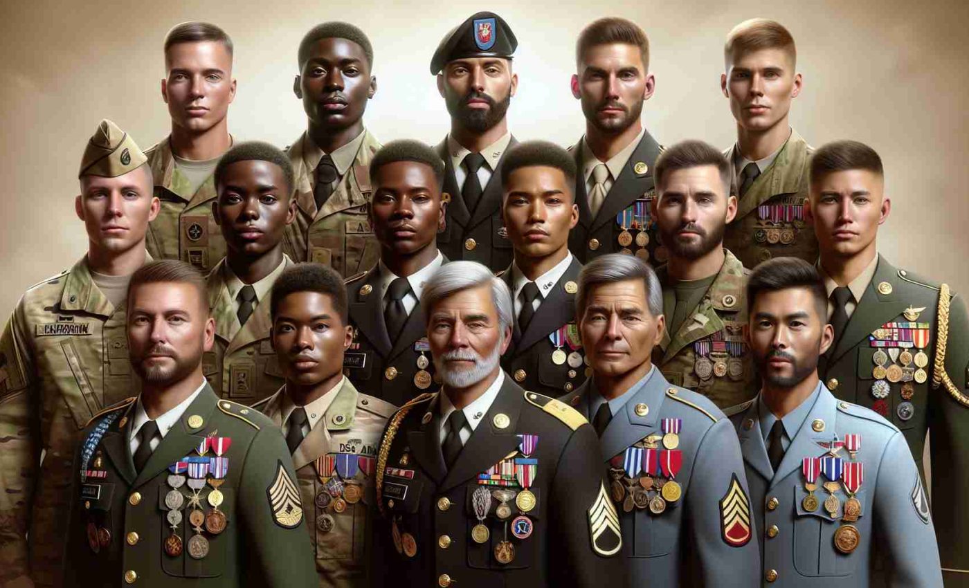 Realistic HD photo of soldiers from various global descents including Caucasian, Hispanic, South Asian, Black, and Middle-Eastern, all representing their courage and commitment. Each one is presented with honors symbolizing their bravery and sacrifice. They are wearing their uniforms, standing tall and proud with their medals and insignias glinting in the sunlight.