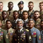 Realistic HD photo of soldiers from various global descents including Caucasian, Hispanic, South Asian, Black, and Middle-Eastern, all representing their courage and commitment. Each one is presented with honors symbolizing their bravery and sacrifice. They are wearing their uniforms, standing tall and proud with their medals and insignias glinting in the sunlight.