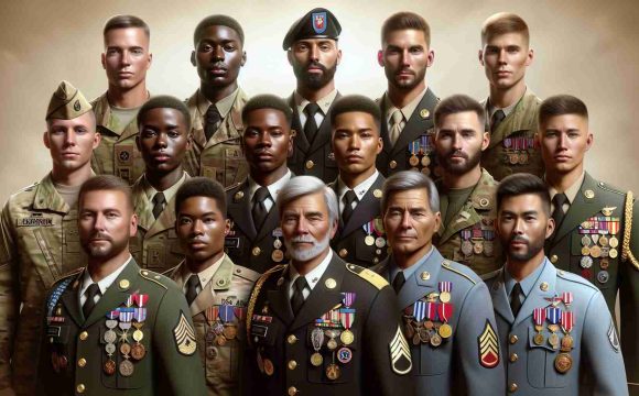 Realistic HD photo of soldiers from various global descents including Caucasian, Hispanic, South Asian, Black, and Middle-Eastern, all representing their courage and commitment. Each one is presented with honors symbolizing their bravery and sacrifice. They are wearing their uniforms, standing tall and proud with their medals and insignias glinting in the sunlight.