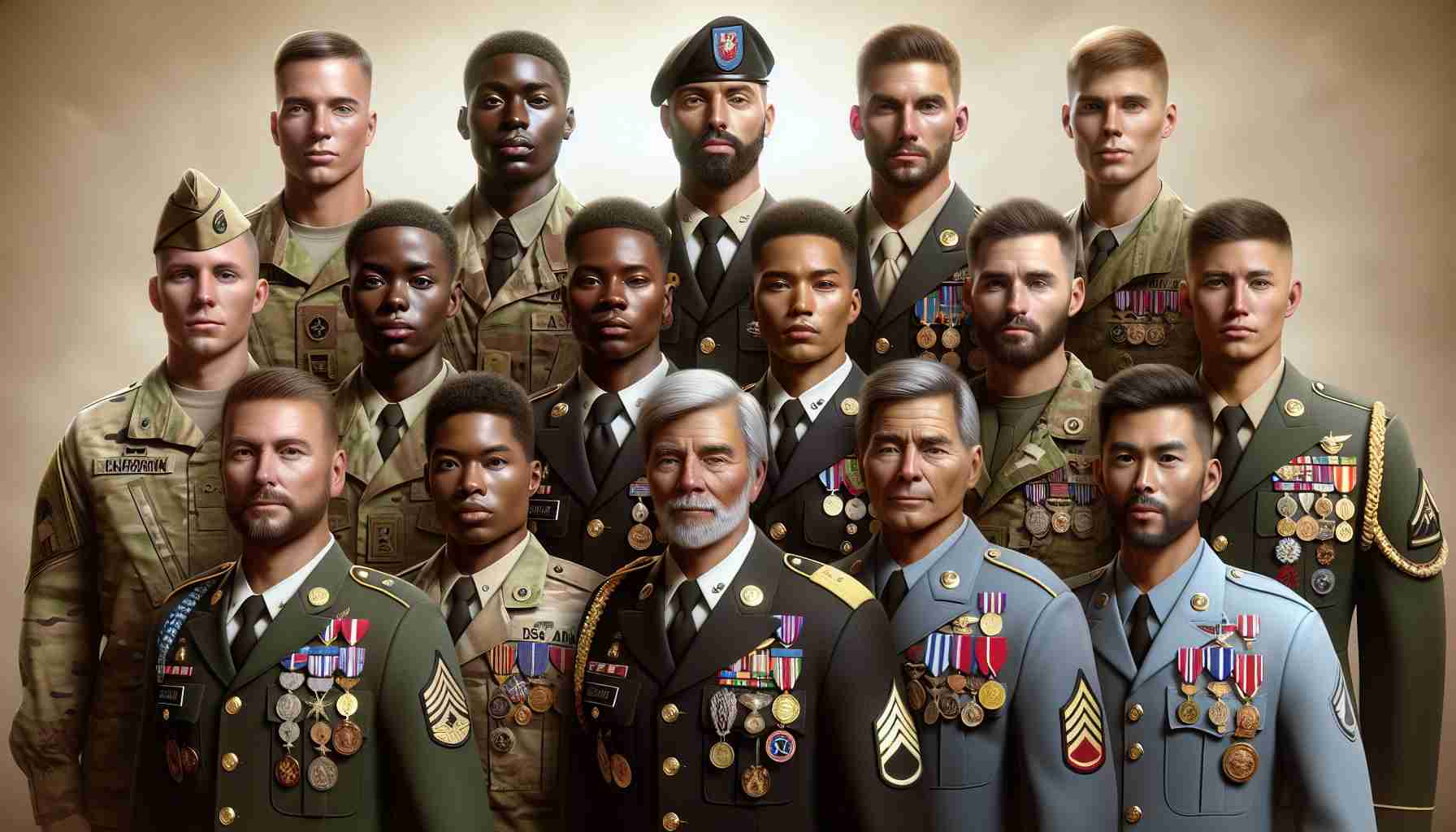 Realistic HD photo of soldiers from various global descents including Caucasian, Hispanic, South Asian, Black, and Middle-Eastern, all representing their courage and commitment. Each one is presented with honors symbolizing their bravery and sacrifice. They are wearing their uniforms, standing tall and proud with their medals and insignias glinting in the sunlight.