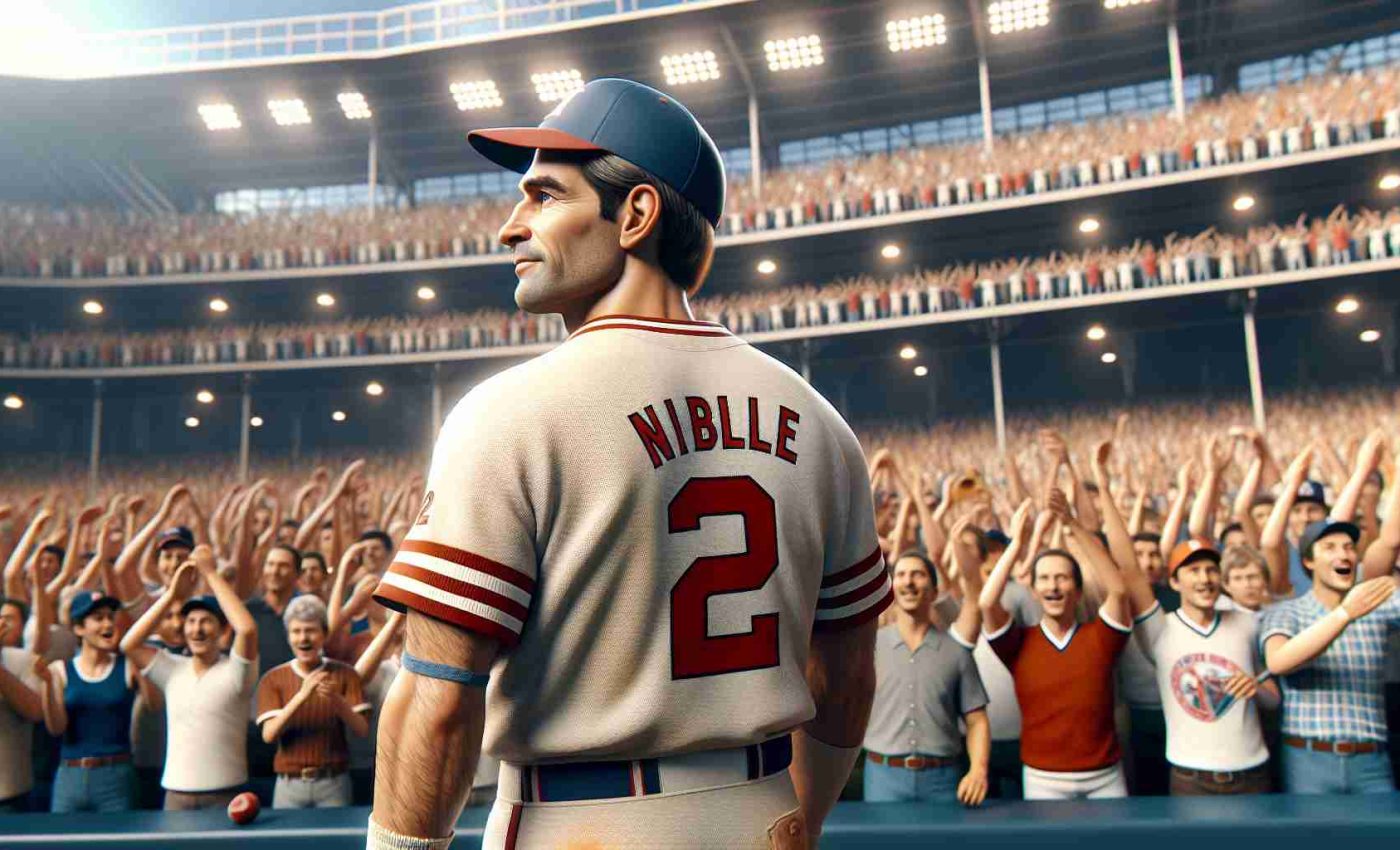 Realistic HD photo capturing the essence of celebration and nostalgia: A renowned former professional baseball player, matching the physique and baseball playing style akin to a famous mid-fielder, returns to a iconic baseball stadium for a historic game. The stadium is filled with adoring fans cheering and waving memorabilia. His jersey bears the number '2', resonating with the spirit of his erstwhile glorious days.