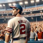 Realistic HD photo capturing the essence of celebration and nostalgia: A renowned former professional baseball player, matching the physique and baseball playing style akin to a famous mid-fielder, returns to a iconic baseball stadium for a historic game. The stadium is filled with adoring fans cheering and waving memorabilia. His jersey bears the number '2', resonating with the spirit of his erstwhile glorious days.