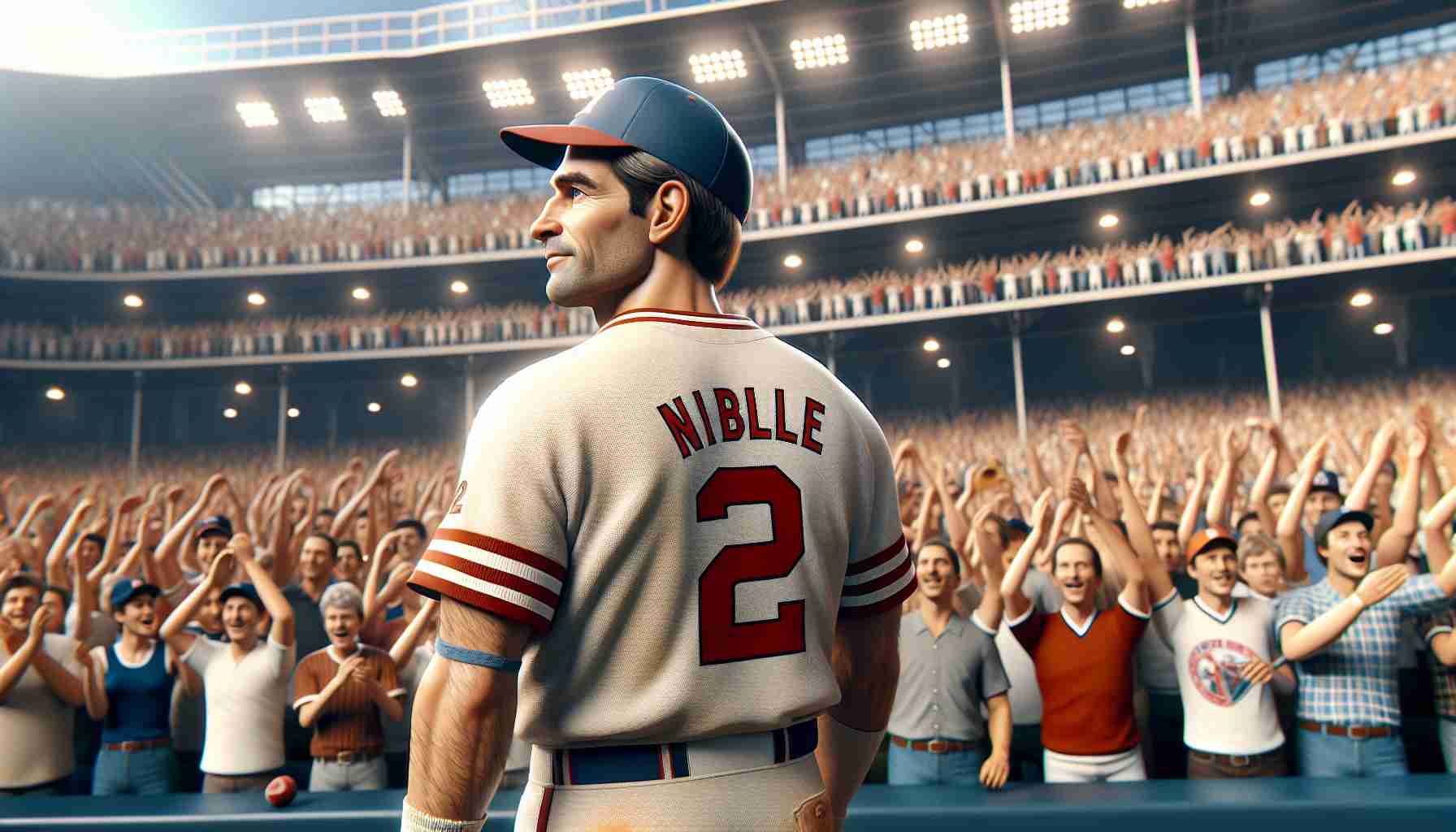 Realistic HD photo capturing the essence of celebration and nostalgia: A renowned former professional baseball player, matching the physique and baseball playing style akin to a famous mid-fielder, returns to a iconic baseball stadium for a historic game. The stadium is filled with adoring fans cheering and waving memorabilia. His jersey bears the number '2', resonating with the spirit of his erstwhile glorious days.