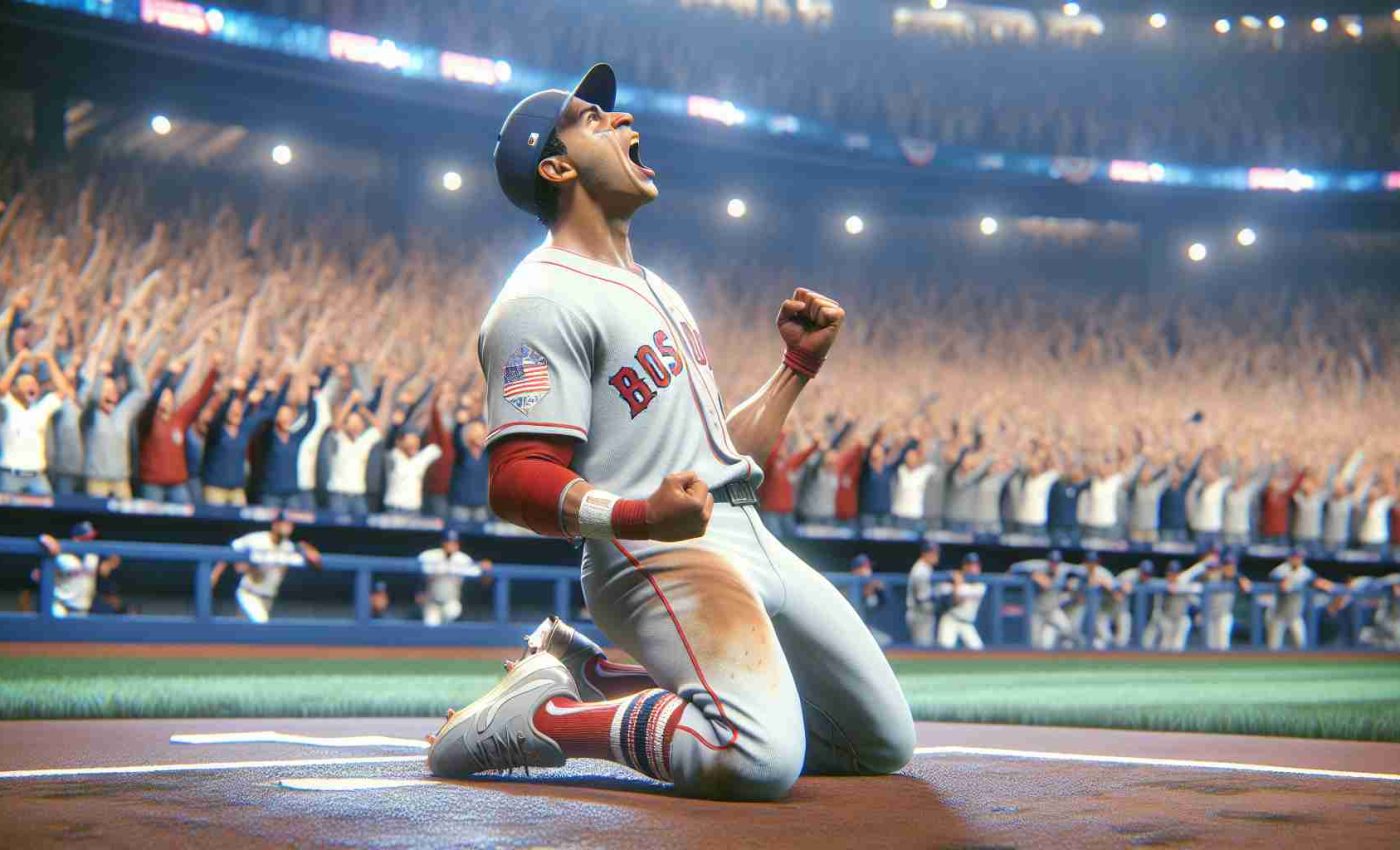 Generate a realistic high-definition image depicting a remarkable sports comeback. The scene includes Nestor Cortes, a baseball player. He celebrates his triumphant return during a World Series game. The exhilarating energy of the match is in the air, with the crowd cheering in the backdrop, the tension palpable and the victory sweet.