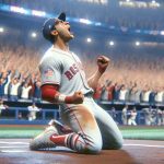 Generate a realistic high-definition image depicting a remarkable sports comeback. The scene includes Nestor Cortes, a baseball player. He celebrates his triumphant return during a World Series game. The exhilarating energy of the match is in the air, with the crowd cheering in the backdrop, the tension palpable and the victory sweet.