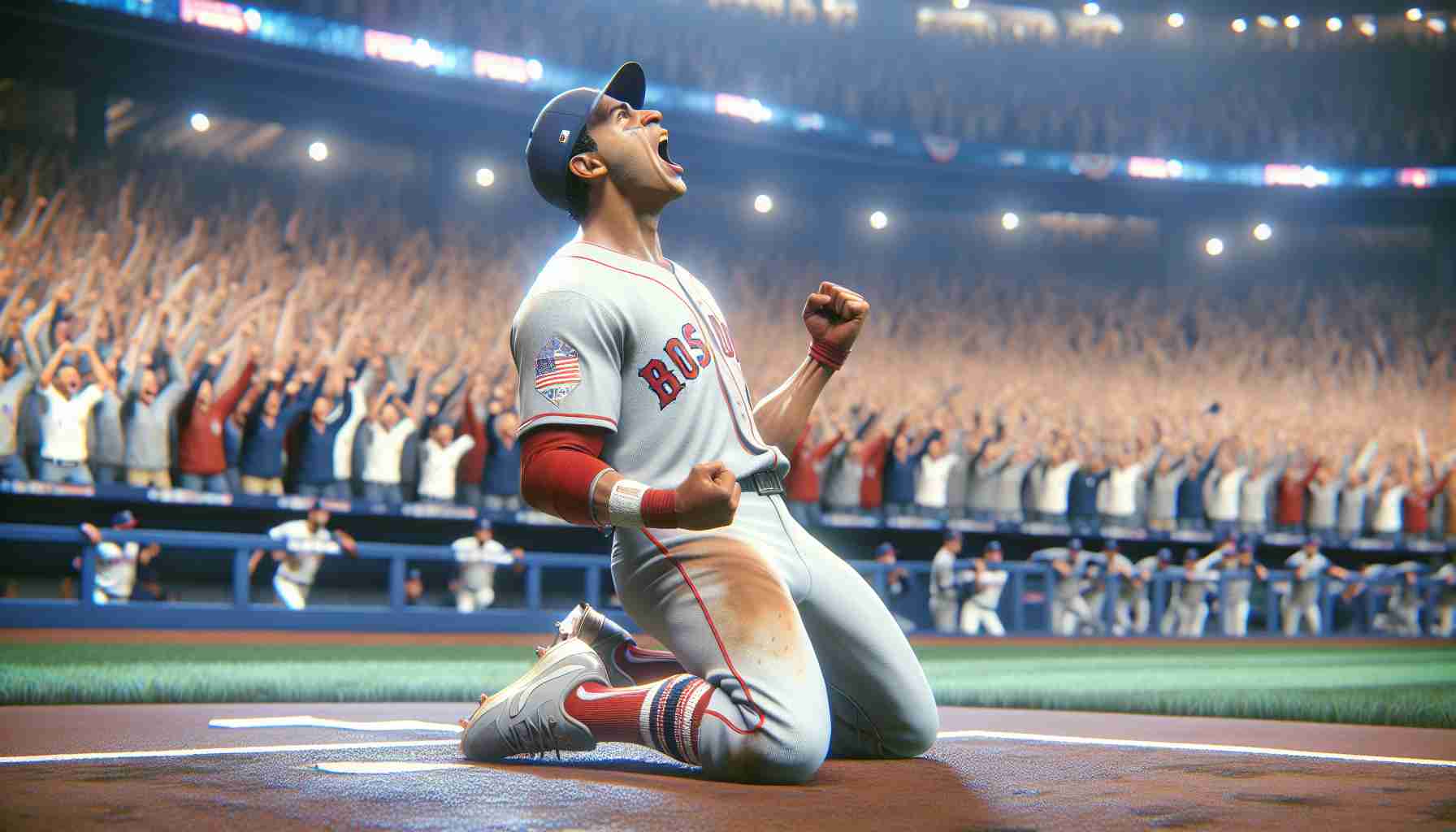 Generate a realistic high-definition image depicting a remarkable sports comeback. The scene includes Nestor Cortes, a baseball player. He celebrates his triumphant return during a World Series game. The exhilarating energy of the match is in the air, with the crowd cheering in the backdrop, the tension palpable and the victory sweet.