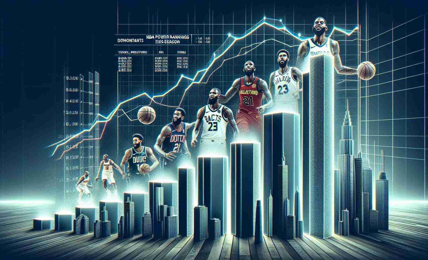 Generate a high-definition, realistic photo depicting a graph or chart representing the rising performance of dominant teams in this season's professional basketball league. The image should be visually compelling, showing the upward progress of the top teams, possibly in the form of a bar chart or line graph. The phrase 'NBA Power Rankings: The Rise of Dominant Teams This Season' should be prominently displayed at the top of the image.