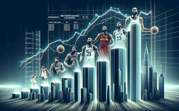 Generate a high-definition, realistic photo depicting a graph or chart representing the rising performance of dominant teams in this season's professional basketball league. The image should be visually compelling, showing the upward progress of the top teams, possibly in the form of a bar chart or line graph. The phrase 'NBA Power Rankings: The Rise of Dominant Teams This Season' should be prominently displayed at the top of the image.