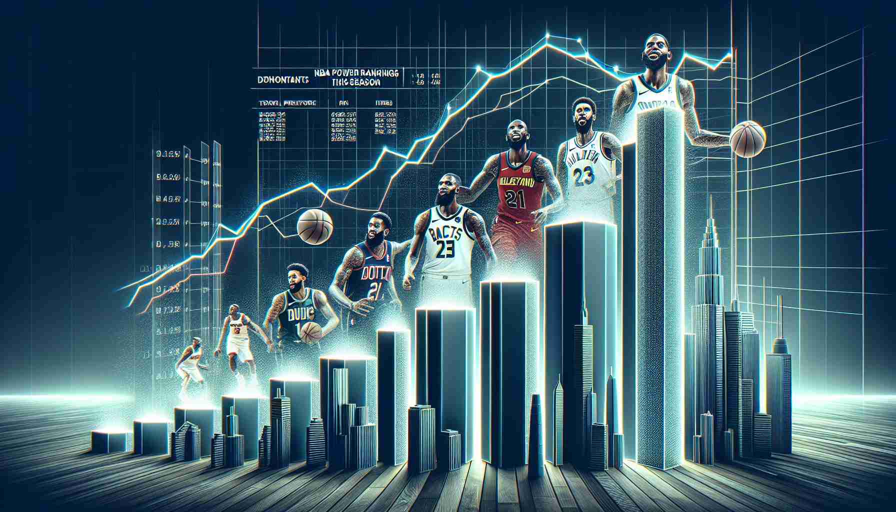 Generate a high-definition, realistic photo depicting a graph or chart representing the rising performance of dominant teams in this season's professional basketball league. The image should be visually compelling, showing the upward progress of the top teams, possibly in the form of a bar chart or line graph. The phrase 'NBA Power Rankings: The Rise of Dominant Teams This Season' should be prominently displayed at the top of the image.