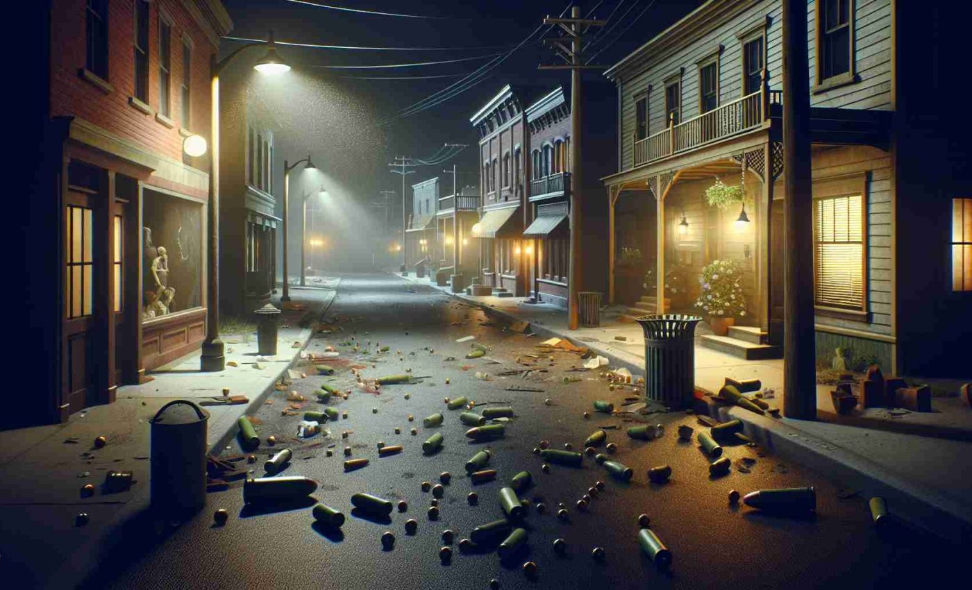 Create a high-definition, realistic image of a small town at night. The atmosphere is tense and troubling, with signs of recent disturbance. Evidence of gunfire is scattered around - spent shells, damaged buildings, cracked windows. Streetlights peer dimly onto the deserted streets, casting long, haunting shadows. Despite the distressing circumstances, the community essence is still palpable - quaint houses, small shops, and a sculpture of unity in the town square. Note: stress is on realism and detail.