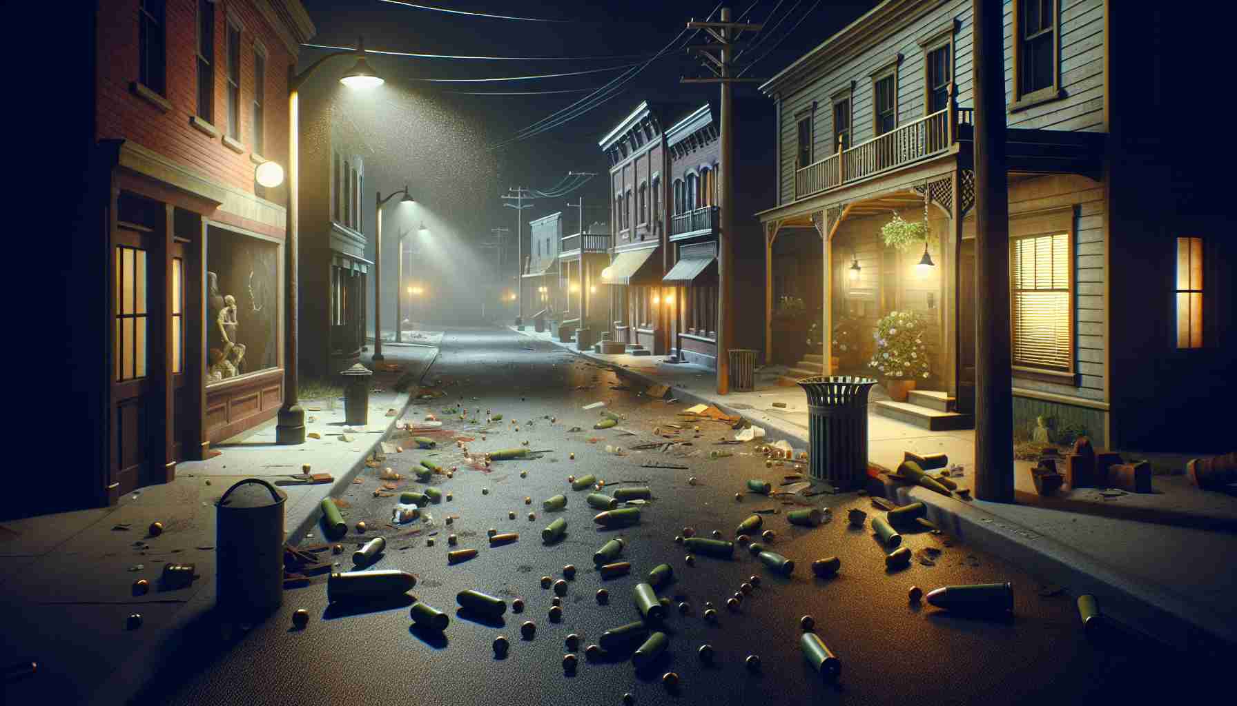 Create a high-definition, realistic image of a small town at night. The atmosphere is tense and troubling, with signs of recent disturbance. Evidence of gunfire is scattered around - spent shells, damaged buildings, cracked windows. Streetlights peer dimly onto the deserted streets, casting long, haunting shadows. Despite the distressing circumstances, the community essence is still palpable - quaint houses, small shops, and a sculpture of unity in the town square. Note: stress is on realism and detail.