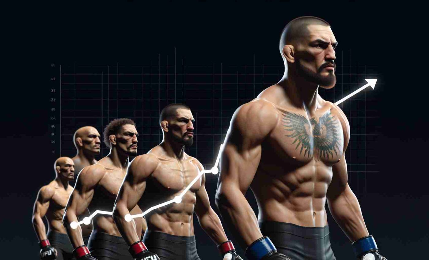 Create a realistic, high-definition representation of a popular mixed martial arts fighter's career trajectory. Showcase his rise and fall within the Ultimate Fighting Championship. The person should be a tall, broad-shouldered man with long arms and a muscular physique, sporting a shaved head and a goatee.