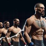 Create a realistic, high-definition representation of a popular mixed martial arts fighter's career trajectory. Showcase his rise and fall within the Ultimate Fighting Championship. The person should be a tall, broad-shouldered man with long arms and a muscular physique, sporting a shaved head and a goatee.