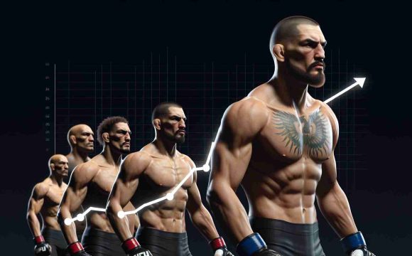 Create a realistic, high-definition representation of a popular mixed martial arts fighter's career trajectory. Showcase his rise and fall within the Ultimate Fighting Championship. The person should be a tall, broad-shouldered man with long arms and a muscular physique, sporting a shaved head and a goatee.