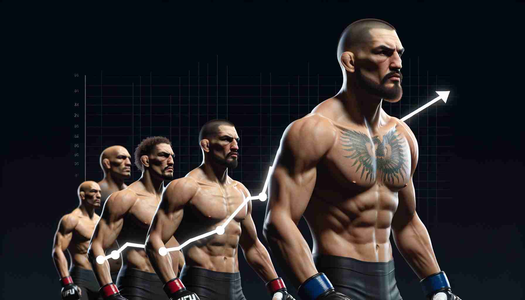 Create a realistic, high-definition representation of a popular mixed martial arts fighter's career trajectory. Showcase his rise and fall within the Ultimate Fighting Championship. The person should be a tall, broad-shouldered man with long arms and a muscular physique, sporting a shaved head and a goatee.