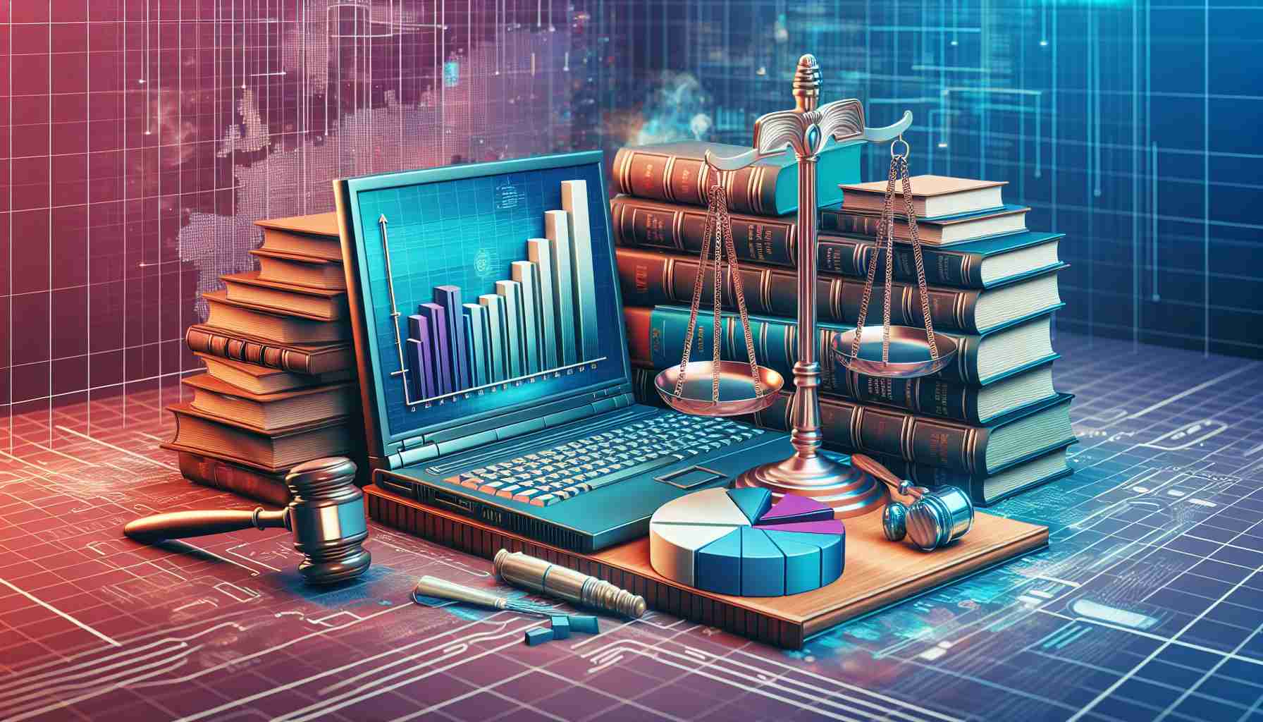 A vivid, high-definition image of a metaphorical representation of technological advancements assisting in finding new solutions in the context of life sentences in The United States. Illustrated is a scene featuring an advanced computer on a desk beside a stack of legal books and documents with a gavel nearby. The computer screen displays 3D bar graphs and pie charts representing statistical data, and the books depict laws and regulations. A symbolism of the weight scales is seen, indicating justice and fairness.