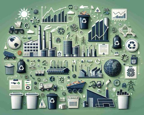 Generate a realistic, high-quality image representing the concept of 'Waste No More'. This should illustrate top strategies for waste management in the future year of 2023, possibly including elements like recycling bins, compost heaps, waste-to-energy plants, recycling symbols, and graphs indicating a positive trend in waste management performance. Please do not include any logos or identifiable brands.