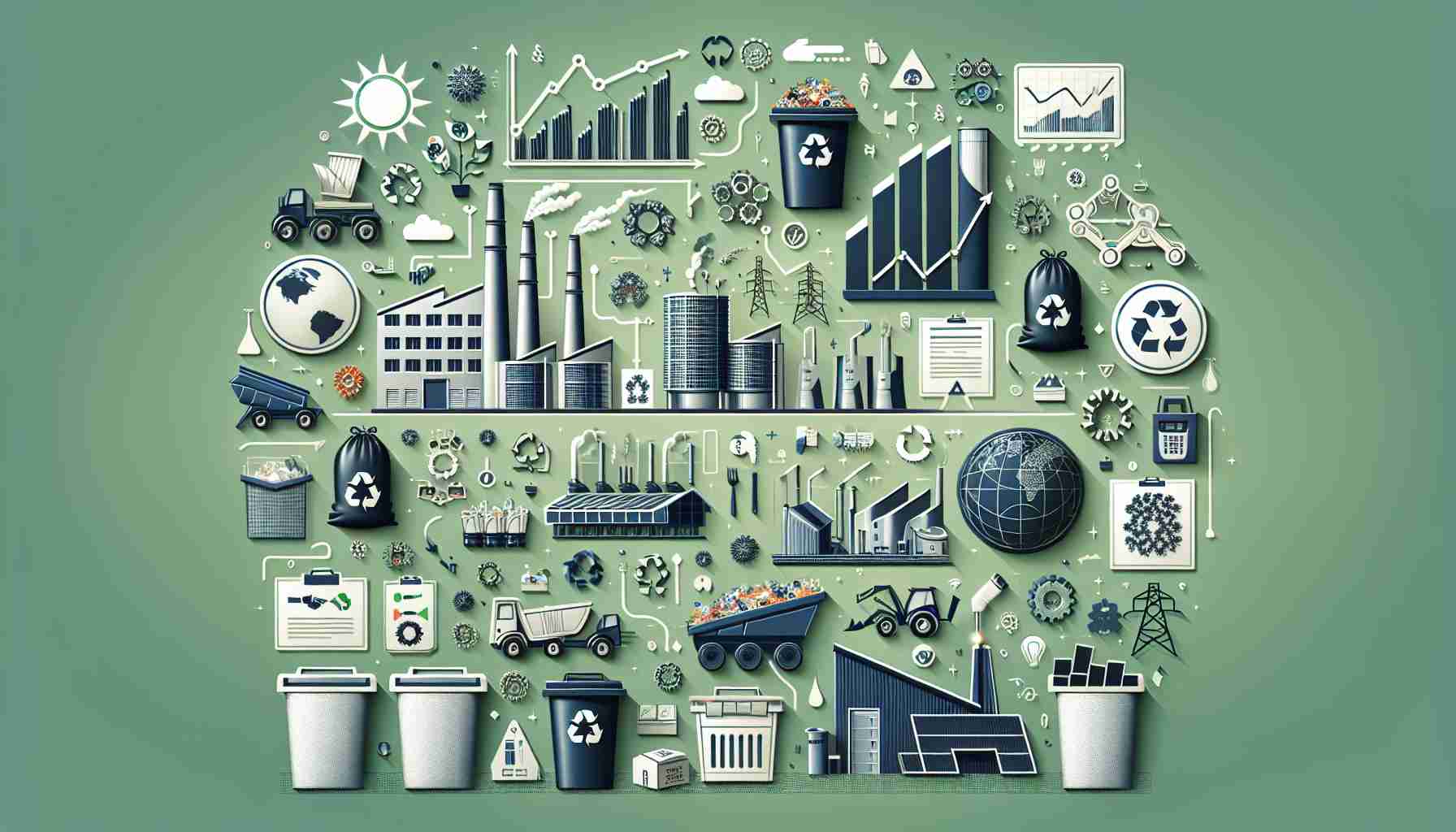 Generate a realistic, high-quality image representing the concept of 'Waste No More'. This should illustrate top strategies for waste management in the future year of 2023, possibly including elements like recycling bins, compost heaps, waste-to-energy plants, recycling symbols, and graphs indicating a positive trend in waste management performance. Please do not include any logos or identifiable brands.