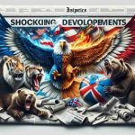 An impactful composition symbolizing global political developments, with different national symbols colliding such as a soaring eagle, a roaring lion, a powerful bear and a rising dragon. Include a newspaper replica underlay that has headlines like 'Shocking Developments' and 'What You Need to Know'. Please make sure to create it in a high-definition, realistic style.