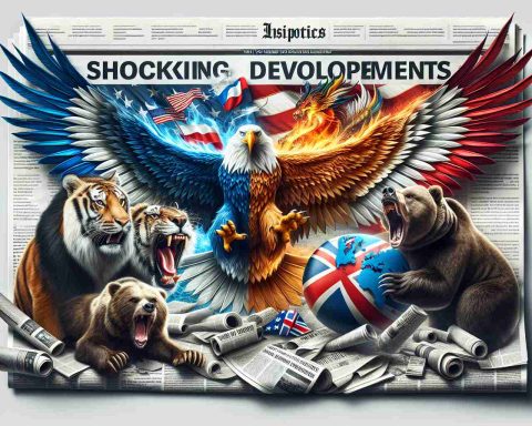 An impactful composition symbolizing global political developments, with different national symbols colliding such as a soaring eagle, a roaring lion, a powerful bear and a rising dragon. Include a newspaper replica underlay that has headlines like 'Shocking Developments' and 'What You Need to Know'. Please make sure to create it in a high-definition, realistic style.