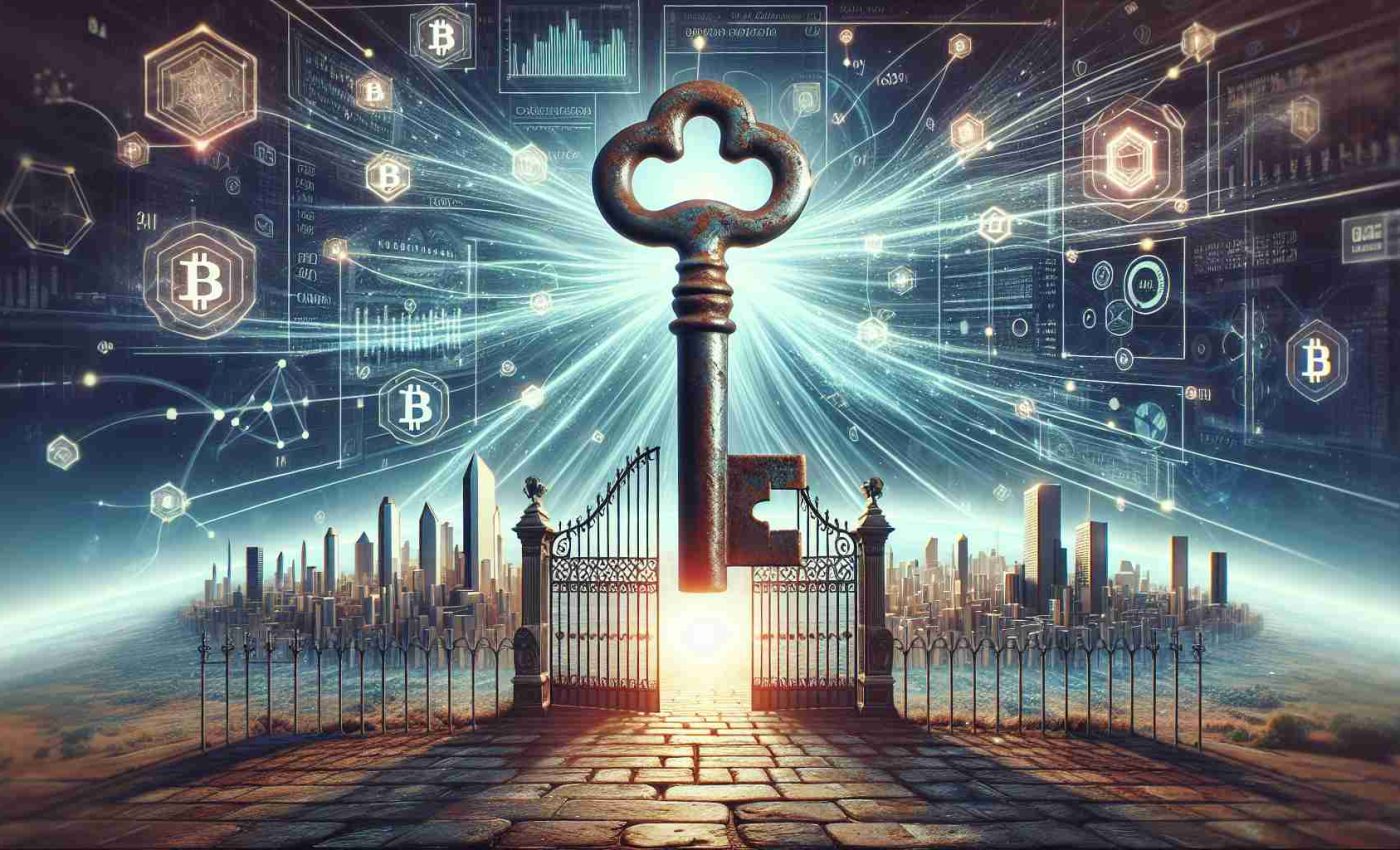 Generate a realistic, high-definition image visualizing the concept of 'Unlocking the Future'. It should depict an oversized, rusted, vintage key about to turn inside a weathered lock of an ornate gate leading to a futuristic city. The city should represent various aspects of a crypto revolution with data-streams, cryptocurrency symbols, digital locks, and graphs integrated into the skyline. The sky above can be a beautiful, intricate network of luminous data rays emanating from the key, demonstrating a brighter future being unlocked by altcoins.