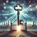 Generate a realistic, high-definition image visualizing the concept of 'Unlocking the Future'. It should depict an oversized, rusted, vintage key about to turn inside a weathered lock of an ornate gate leading to a futuristic city. The city should represent various aspects of a crypto revolution with data-streams, cryptocurrency symbols, digital locks, and graphs integrated into the skyline. The sky above can be a beautiful, intricate network of luminous data rays emanating from the key, demonstrating a brighter future being unlocked by altcoins.